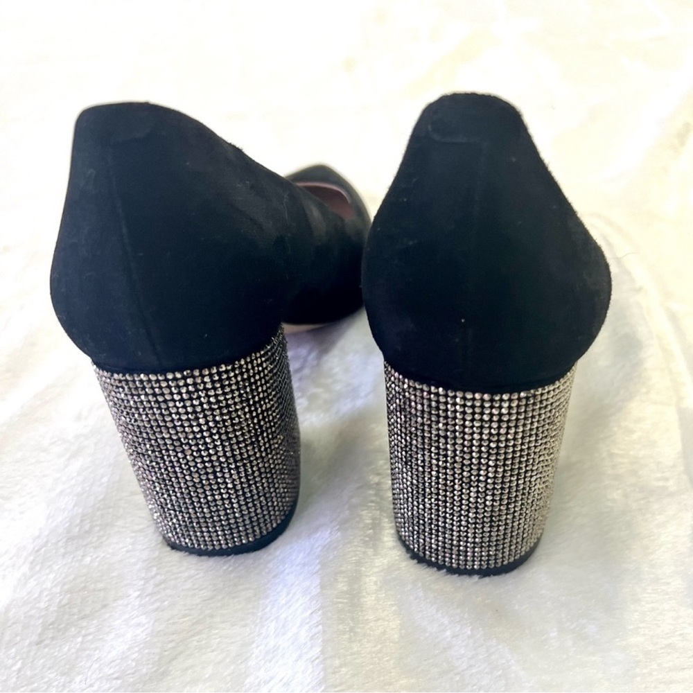 KARL LAGERFELD ADINA Black Suede Rhinestone Block Heels EUC Sz 8.5 - Picture 1 of 5